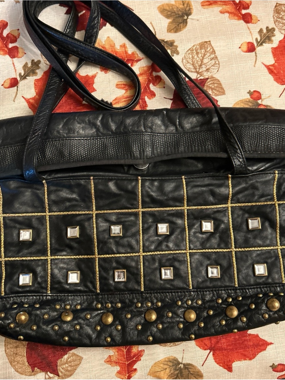 Vintage 1970’s Black Studded Shoulder Bag with Gold Accents